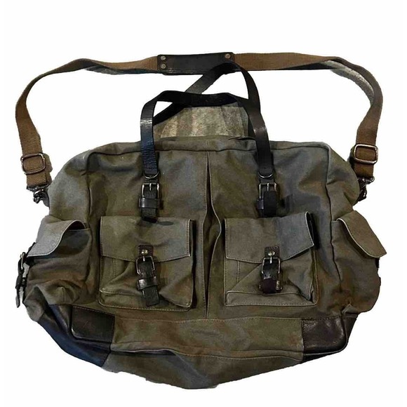 JOHN VARVATOS USA Army Green Canvas &Leather Weekender Duffle Bag Large